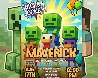 Chicken Jockey Trio Minecrafted Birthday Invitation (Editable)