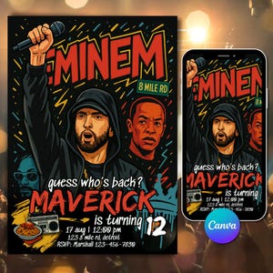 May include: A vibrant invitation design featuring a stylized illustration of Eminem holding a microphone. The design includes the text "Eminem," "8 Mile Rd," and "Maverick is turning 12." Additional elements include a boombox and spaghetti.