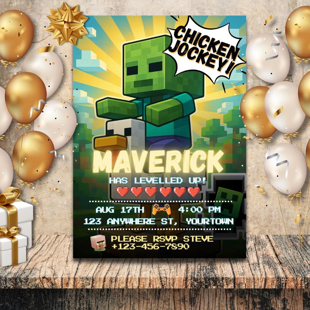Chicken Jockey Minecrafted Birthday Invitation [Editable]