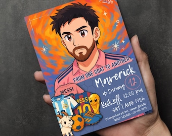 May include: A birthday invitation card featuring an anime-style illustration of a man in a pink jersey. The card includes the text "FROM ONE GOAT TO ANOTHER... Maverick is turning 12" and details for a party.