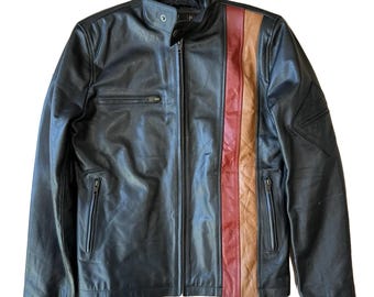 May include: Black leather jacket with a vertical stripe in red, tan, and orange. The jacket has a zip-up front, a stand-up collar, and multiple zippered pockets. A classic motorcycle-style jacket.