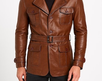 Jason Statham Inspired Brown Leather Jacket: Vintage Belted Design