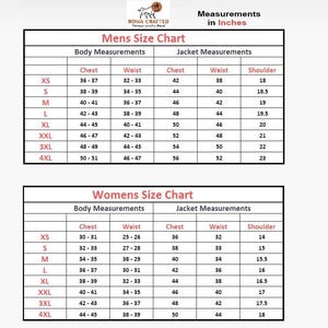 K&ouml;nnte beinhalten: Eine Gr&ouml;&szlig;entabelle f&uuml;r Jacken mit zwei Tabellen, beschriftet als Mens Size Chart und Womens Size Chart, mit Spalten f&uuml;r K&ouml;rper- und Jackenma&szlig;e in Zoll. Der Text enth&auml;lt Gr&ouml;&szlig;en von XS bis 4XL mit den entsprechenden Brust-, Taillen- und Schulterwerten.