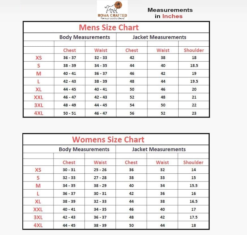 K&ouml;nnte beinhalten: Eine Gr&ouml;&szlig;entabelle f&uuml;r Jacken mit zwei Tabellen, beschriftet als Mens Size Chart und Womens Size Chart, mit Spalten f&uuml;r K&ouml;rper- und Jackenma&szlig;e in Zoll. Der Text enth&auml;lt Gr&ouml;&szlig;en von XS bis 4XL mit den entsprechenden Brust-, Taillen- und Schulterwerten.