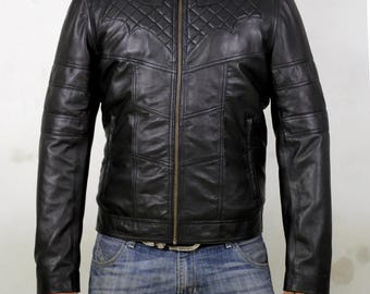 Men's Black Leather Bat man Biker Jacket | Quilted Superhero Costume