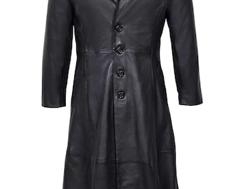 Cappotto in pelle di pecora nera da uomo: trench da vampiro gotico, costume da cosplay