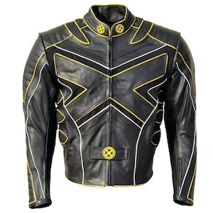 May include: Black leather jacket with yellow and white detailing. The jacket has a stand-up collar, a zip fastening, and the X-Men logo on the chest. The design incorporates geometric patterns and padded shoulders.