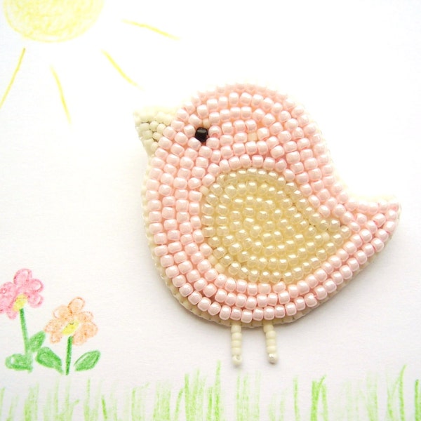 Kids brooch Pink bird chick pin badge bead embroydery beadwork handmade,  gift for girl