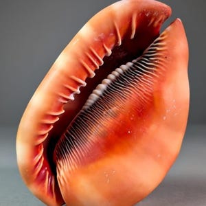 Può includere: Una conchiglia Cypraecassis rufa liscia e lucida, comunemente nota come elmetto rosso. L'esterno presenta vivaci sfumature di arancione, pesca e crema, mentre l'apertura centrale presenta creste dentellate di colore marrone scuro.