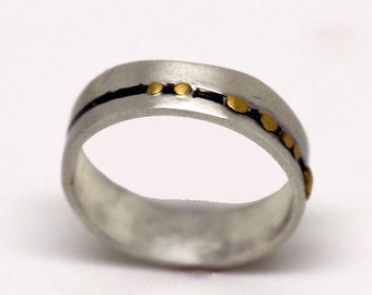 Unique silver and gold wedding ring, bi metal ring, modern silver band for men or women, 24k gold dots band