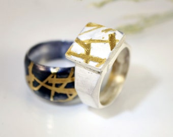 Signet ring, silver statment ring, 24k gold keum boo, unique men's ring