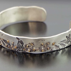 Silver Cuff Bracelet  Argentium silver and gold bracelet Rabbit bracelet  Animal lover jewelry  Easter bunny jewelry