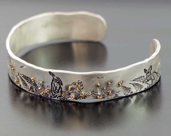 Silver Cuff Bracelet  Argentium silver and gold bracelet Rabbit bracelet  Animal lover jewelry  Easter bunny jewelry