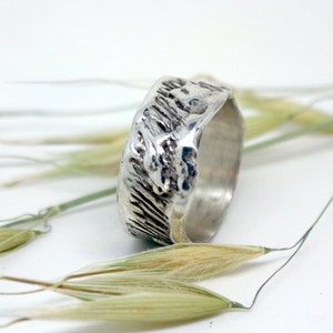 May include: A silver ring with a textured, hammered finish. The ring is wide and has a rounded shape. The ring is photographed on a white background with dried grass.