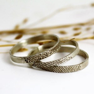 Custom silver fingerprint 3 stackable rings, unique wedding ring set for men or women, silver stacking rings