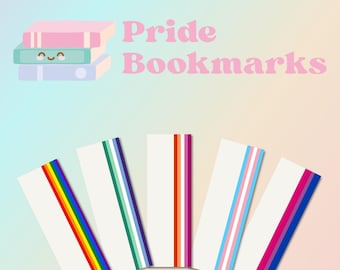 May include: Five rectangular bookmarks with white backgrounds and vertical stripes in various colour patterns. The text Pride Bookmarks is displayed in pink, alongside an illustration of three stacked books with a smiling face on the middle one.