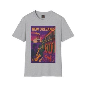 鮮やかなニューオーリンズTシャツ | ユニセックスソフトスタイルTシャツ、ジャズフェスティバルシャツ、旅行のお土産、音楽愛好家へのギフト、マルディグラの衣装