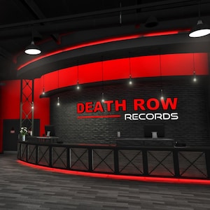 May include: Interior shot of a recording studio with a black and red color scheme. The words "DEATH ROW RECORDS" are prominently displayed. A mural of a cityscape and crowd is on the wall. The space has a modern, industrial feel.