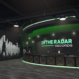 May include: Interior view of a contemporary recording studio featuring a reception area. The sign "ON THE RADAR RECORDS" is in green. A mural of a city skyline and a crowd is on the left wall.