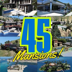 May include: A montage of 15 images depicting different mansions. The number "45" is in blue and yellow, with the word "Mansions!" in a decorative font. The images show a variety of architectural styles and locations.