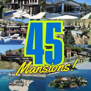 Puede incluir: Un collage de 15 imágenes que muestran varias mansiones. El número "45" se muestra en azul y amarillo, con la palabra "Mansions!" debajo. Las imágenes presentan grandes casas con piscinas y paisajismo.