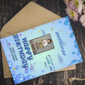 Editable Birthday Card for Boys - Blue Balloon Theme - Personalize Name & Photo - Instant Download PDF