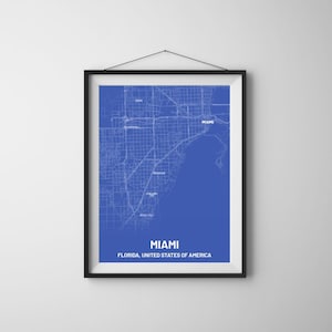 Carte de Miami, Floride, affiche cadeau inspiration murale impression d'art déco vacances monochrome souvenir ville préférée pour bureau à domicile pour lui pour elle