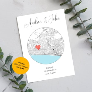 Tarjeta de felicitación de compromiso, mapa personalizado, ubicación personalizada, regalo para pareja, propuesta, recuerdo, felicitaciones, papelería, regalo para él y para ella.