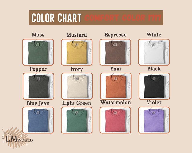 Pu&ograve; includere: Una tabella colori che mostra vari colori di magliette, tra cui Moss, Senape, Espresso e Bianco. Altri colori mostrati sono Pepe, Avorio, Ignaro, Nero, Blue Jean, Verde Chiaro, Anguria e Violetto. Il testo "COLOR CHART" &egrave; in alto.