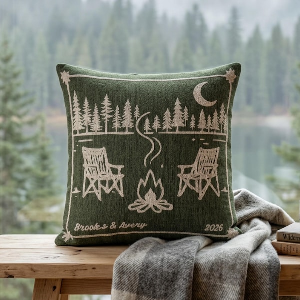 Personalized Cabin Pillow | Custom Camping Theme Decor | Couple Wedding Gift | Engagement Keepsake | Rustic Housewarming