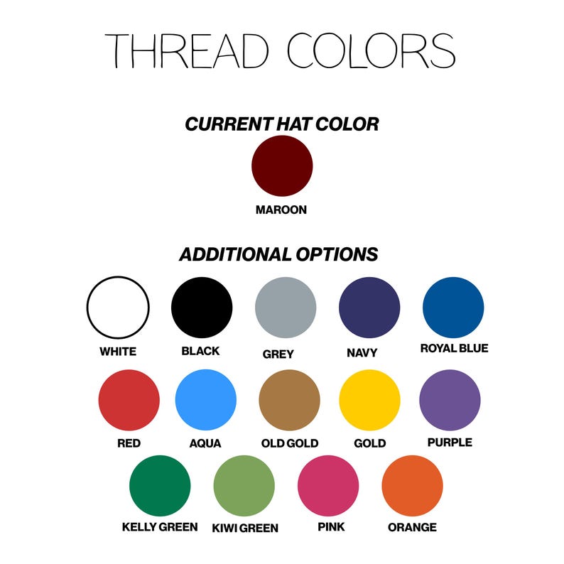May include: A color chart titled THREAD COLORS displaying a maroon circle labeled MAROON under CURRENT HAT COLOR. Below, under ADDITIONAL OPTIONS, are fifteen colored circles labeled white, black, grey, navy, royal blue, red, aqua, old gold, gold, purple, kelly green, kiwi green, pink, and orange.