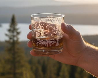 Yellowstone National Park Whiskey Glass | Topographical Map | Park Lover Gift | Cocktail Glass | Wyoming Bourbon Gift for him