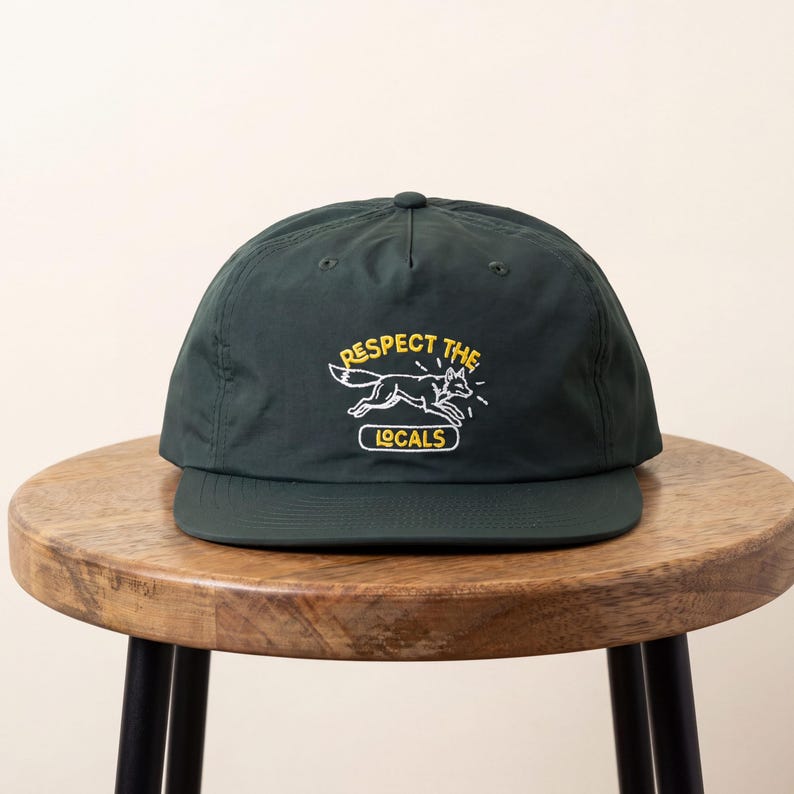 Respect the Locals Embroidered Hat | Fox Embroidery Hat, Nylon Camping Hat, Hiking Hat, Outdoor Lover Gift, Forest Parks Flat Brim Snapback Pine Green