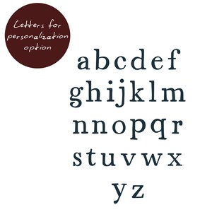 May include: Dark blue lowercase alphabet letters a through z, arranged in rows on a white background. A dark red circle in the upper left corner has the text "Letters for personalization option".