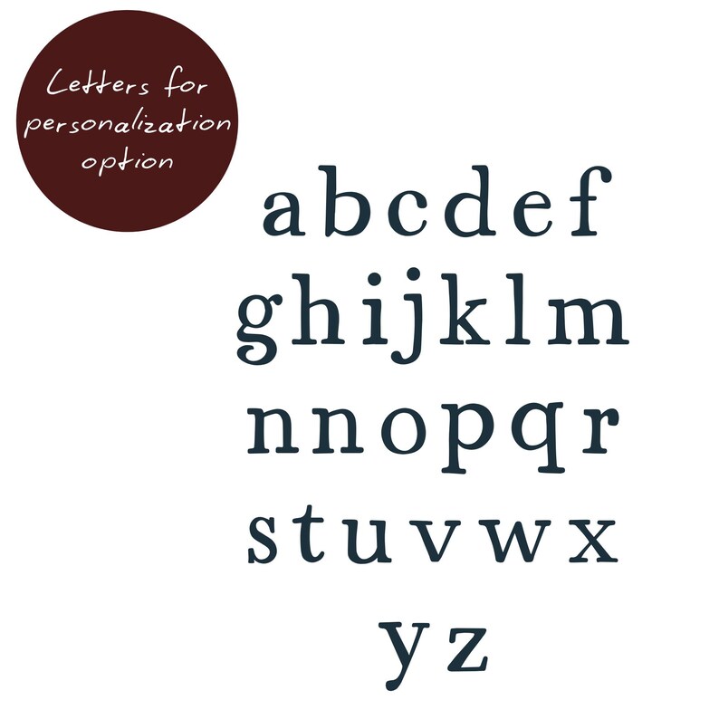 May include: Dark blue lowercase alphabet letters a through z, arranged in rows on a white background. A dark red circle in the upper left corner has the text "Letters for personalization option".