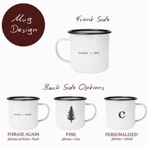 May include: White enamel mug with a black rim and handle. The front of the mug has the text "woods > city". Additional options include a pine tree graphic, the letter "C", and the phrase "outside > inside".