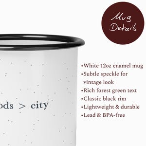 May include: White enamel mug with a black rim and the text "ods > city". The mug has a subtle speckled vintage look. The mug is 12oz and lightweight.