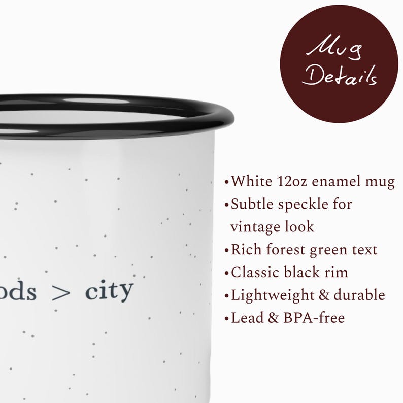 May include: White enamel mug with a black rim and the text "ods > city". The mug has a subtle speckled vintage look. The mug is 12oz and lightweight.