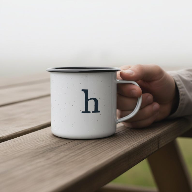 May include: White enamel mug with a black rim and handle, featuring the letter "h" in navy blue. The mug has a speckled design and is held by a person. The mug is sitting on a wooden picnic table.