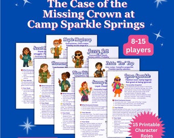 May include: A blue graphic featuring character cards for a game called "The Case of the Missing Crown at Camp Sparkle Springs." The cards have character names like "Scout," "Maple Mayberry," and "Jazzy Jett."