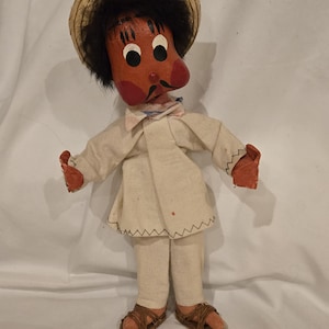 Vintage Mexican Doll - Folk Art - Oil Cloth Man Doll, 8&quot; Sandals Sombrero Mustache
