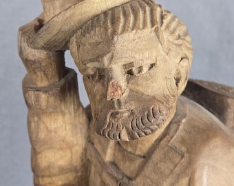 Vintage Hand Carved Wood Figurine: European Folk Art Traveler with Dog (16.5")