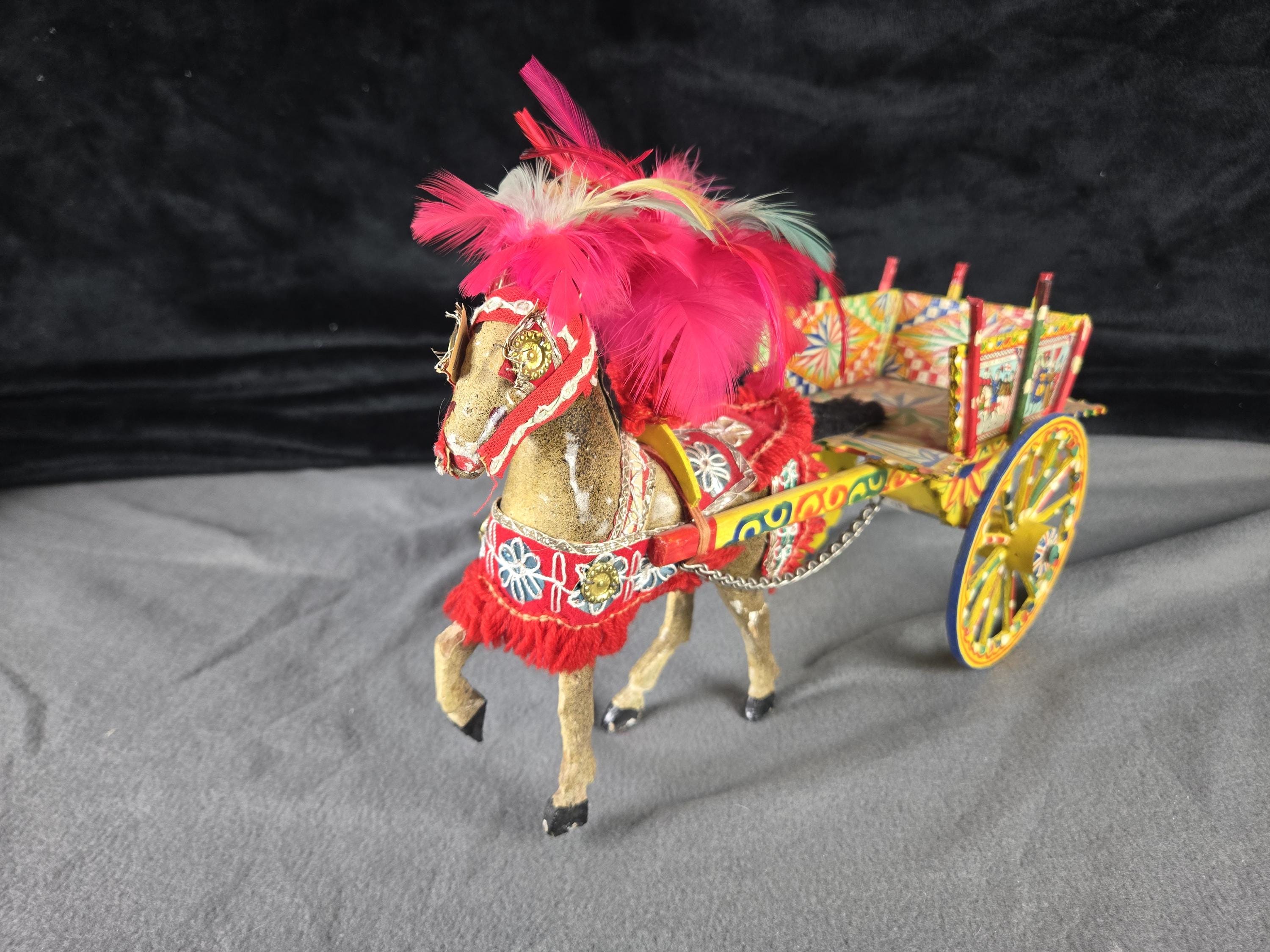 Vintage Hand-painted Sicilian Carretto With Horse & Feathers