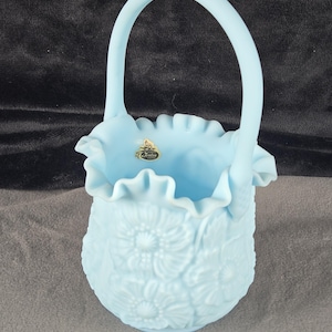 Vintage Fenton Blue Satin Poppy Embossed Basket with Ruffled Rim - Collectible Glass Art