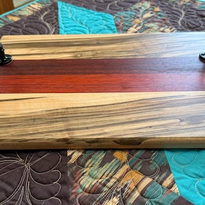 Rustic, unique, solid wood charcuterie/cutting board with handles. Ambrosia Maple and Padauk woods decor. Elegant serving tray. Prep board. image 8