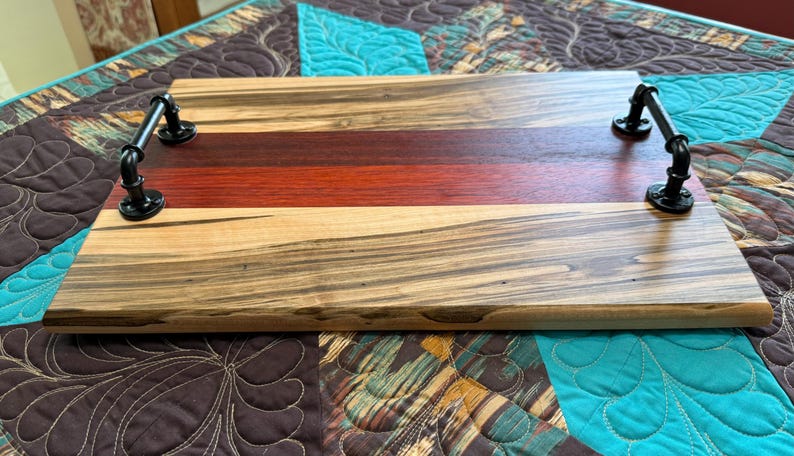 Rustic, unique, solid wood charcuterie/cutting board with handles. Ambrosia Maple and Padauk woods decor. Elegant serving tray. Prep board. image 8