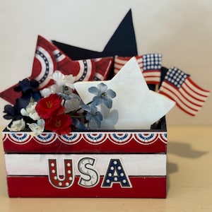 Patriotic. July 4th. American. Stars. Americana Collage. Red, White, and Blue. Fourth of July. American Flag. Wooden Box. Seasonal Decor