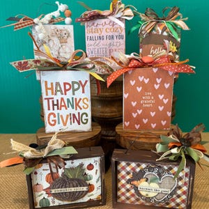 Wooden, Fall Decorated blocks.. Tiered tray decor. Autumn motif Shelf sitter. Pumpkins. Farmhouse. Falling Leaves. Thanksgiving. Hello Fall.