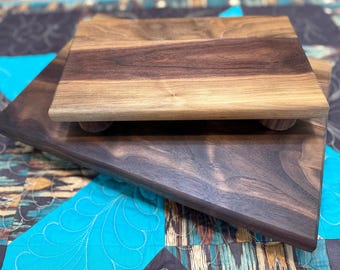 Handcrafted, engraveable, Walnut risers. Solid-high-end wooden pedestal trays. Personalized footed stands. Charcuterie, cutting, prep board.