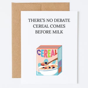 Carte drôle de débat de céréales, carte d'anniversaire, carte d'anniversaire, carte de couple, céréales avant le lait, cadeau pour meilleur ami, carte d'amateur de céréales